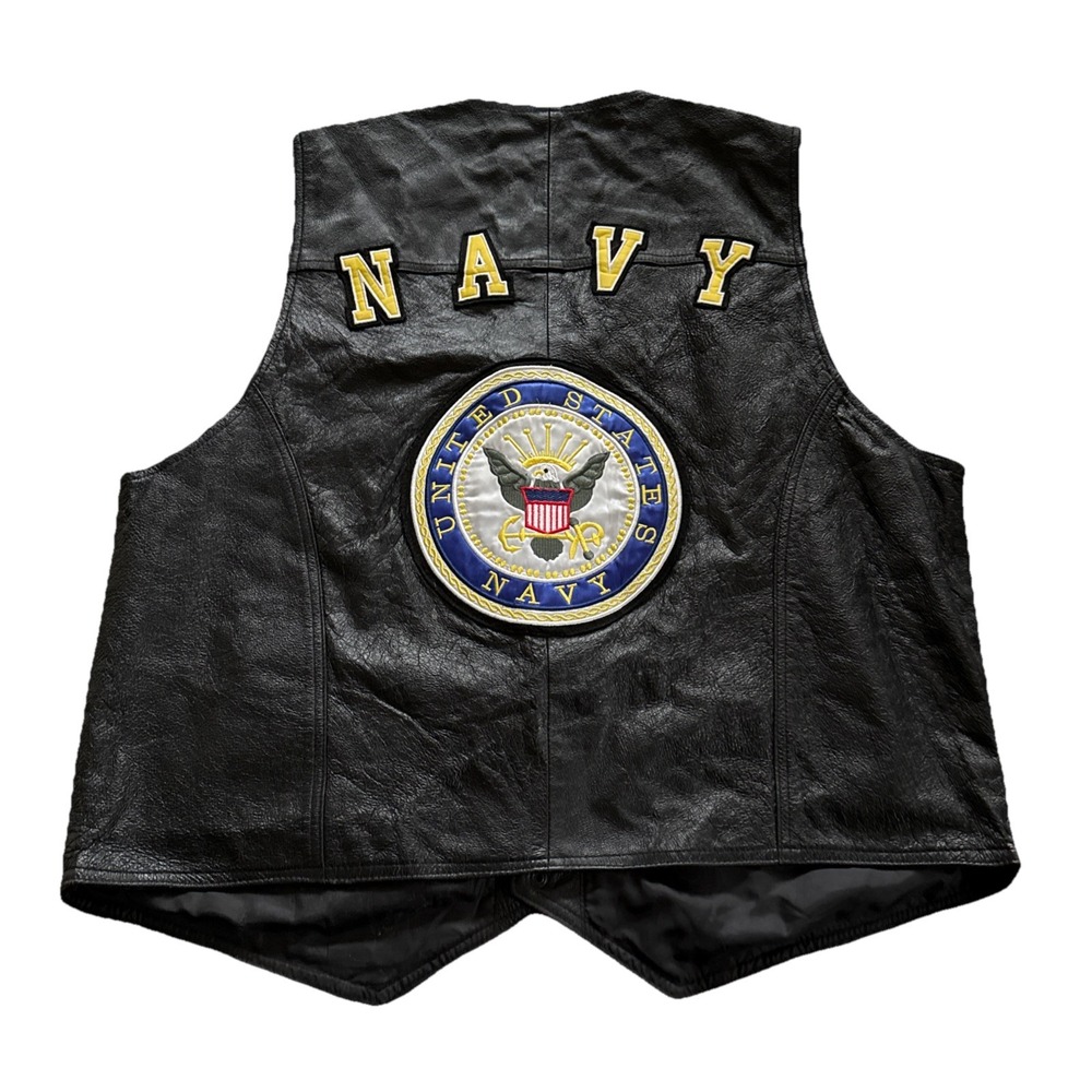 Leather USA Navy Biker Leather Vest Men's 3XL Embroidered Patch Lined